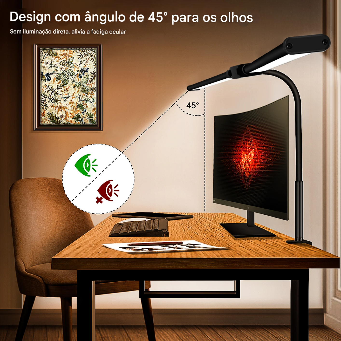 Luminária de Mesa LED com Cabeça Dupla e Clipe com 3 Modos de Cor