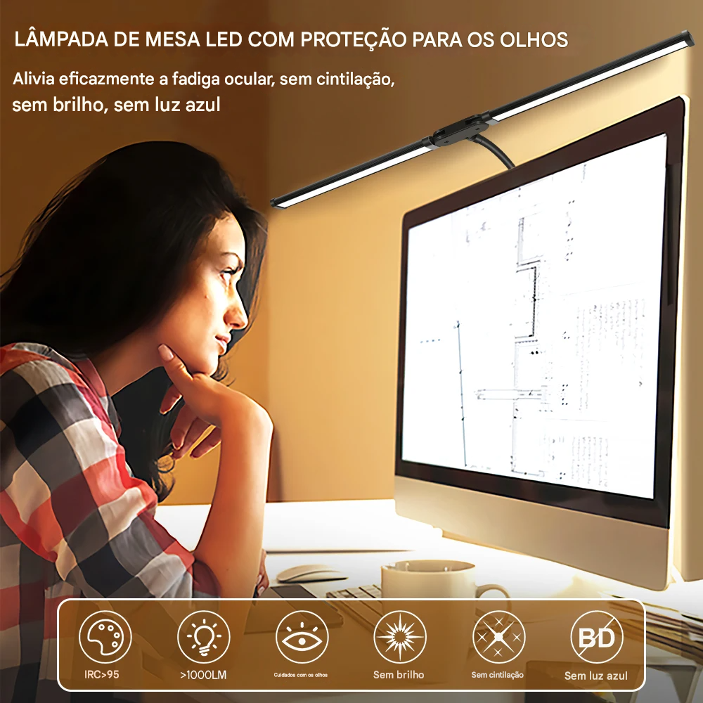Luminária de Mesa LED com Cabeça Dupla e Clipe com 3 Modos de Cor