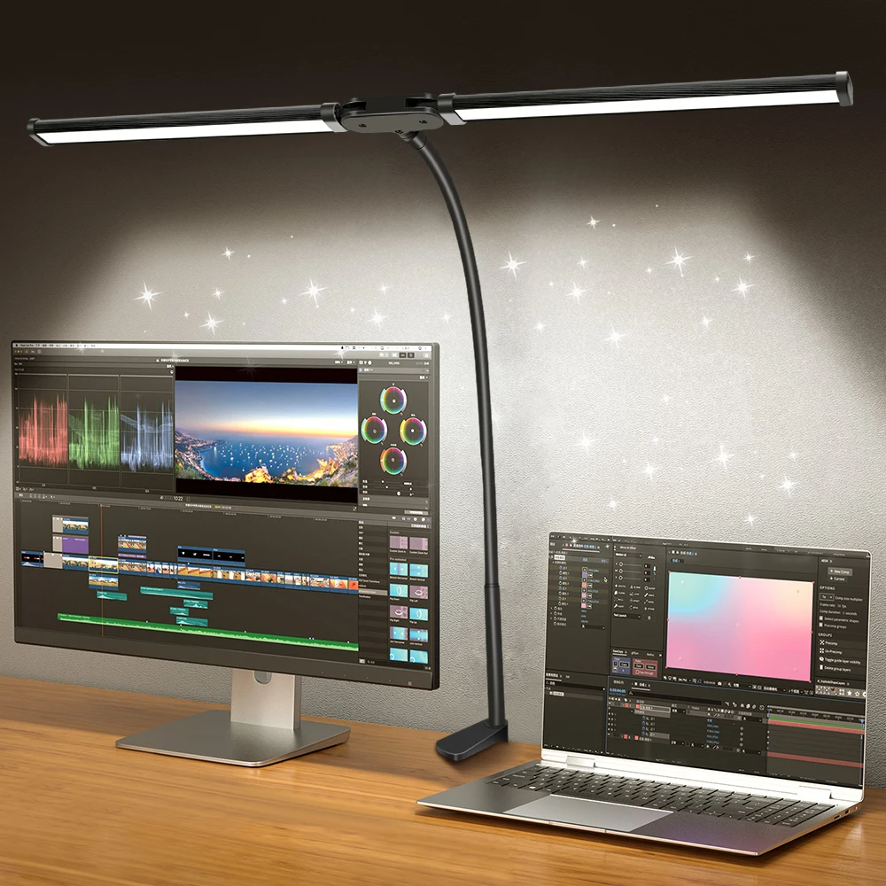 Luminária de Mesa LED com Cabeça Dupla e Clipe com 3 Modos de Cor