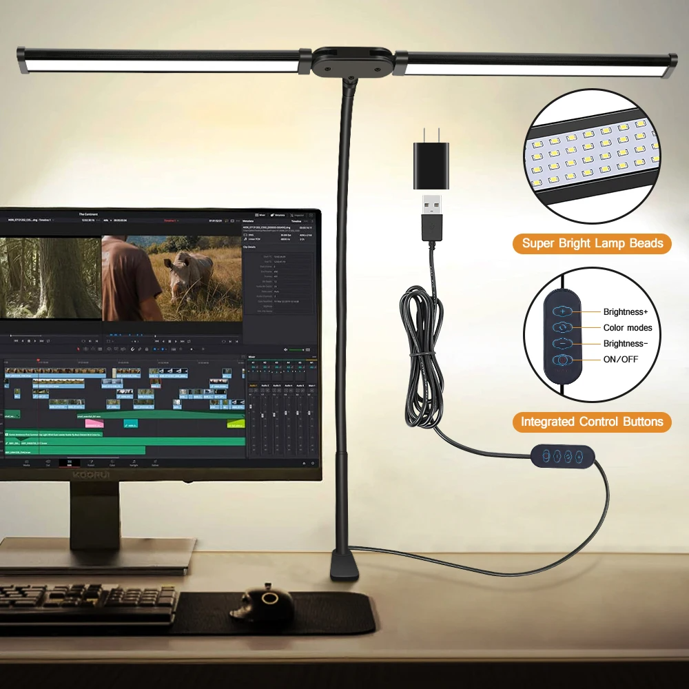 Luminária de Mesa LED com Cabeça Dupla e Clipe com 3 Modos de Cor