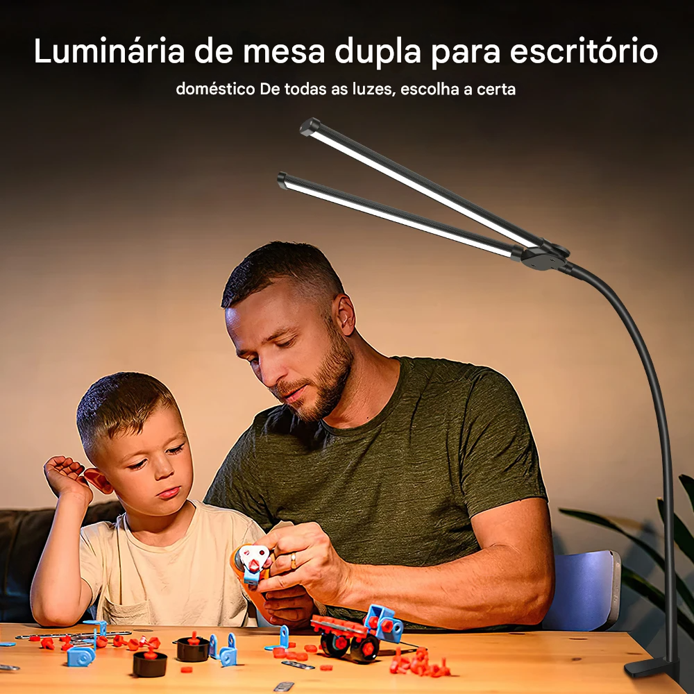 Luminária de Mesa LED com Cabeça Dupla e Clipe com 3 Modos de Cor
