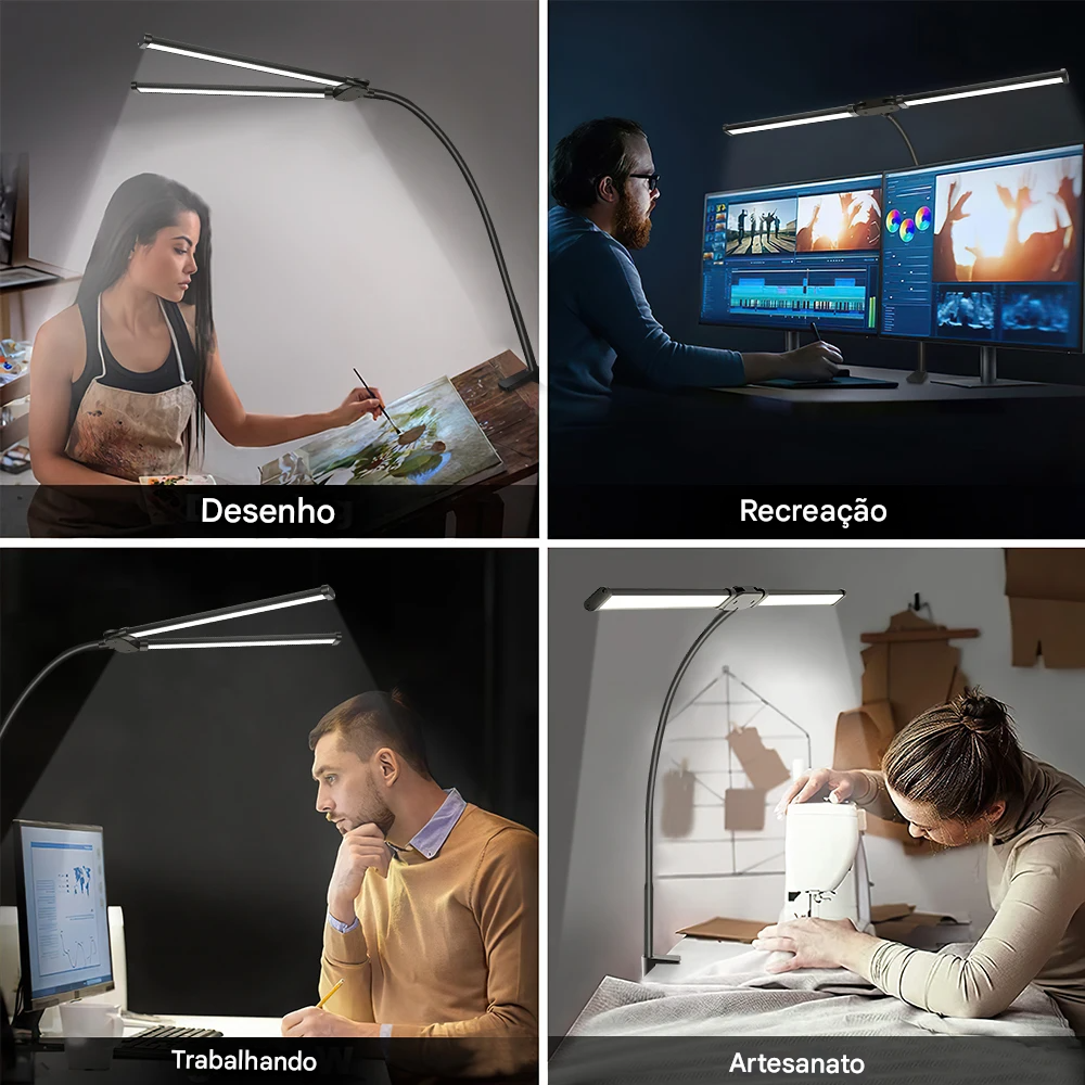 Luminária de Mesa LED com Cabeça Dupla e Clipe com 3 Modos de Cor