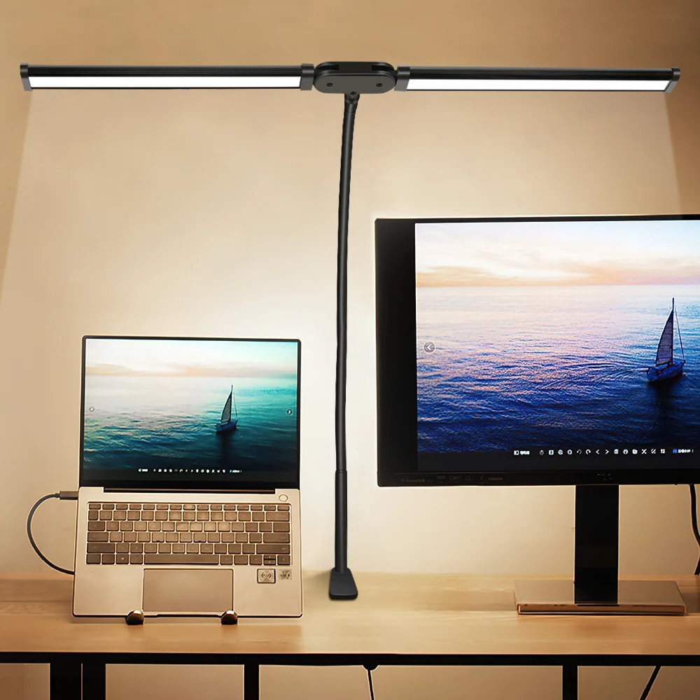 Luminária de Mesa LED com Cabeça Dupla e Clipe com 3 Modos de Cor