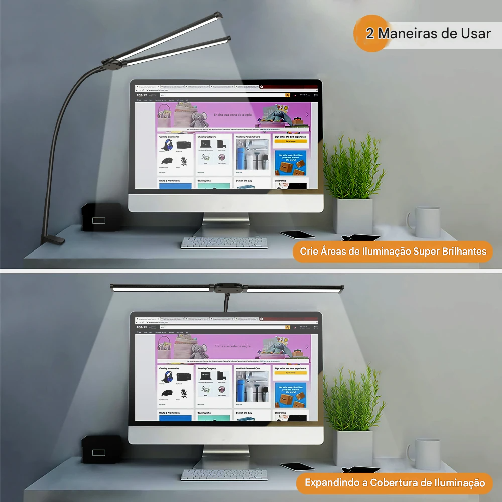 Luminária de Mesa LED com Cabeça Dupla e Clipe com 3 Modos de Cor