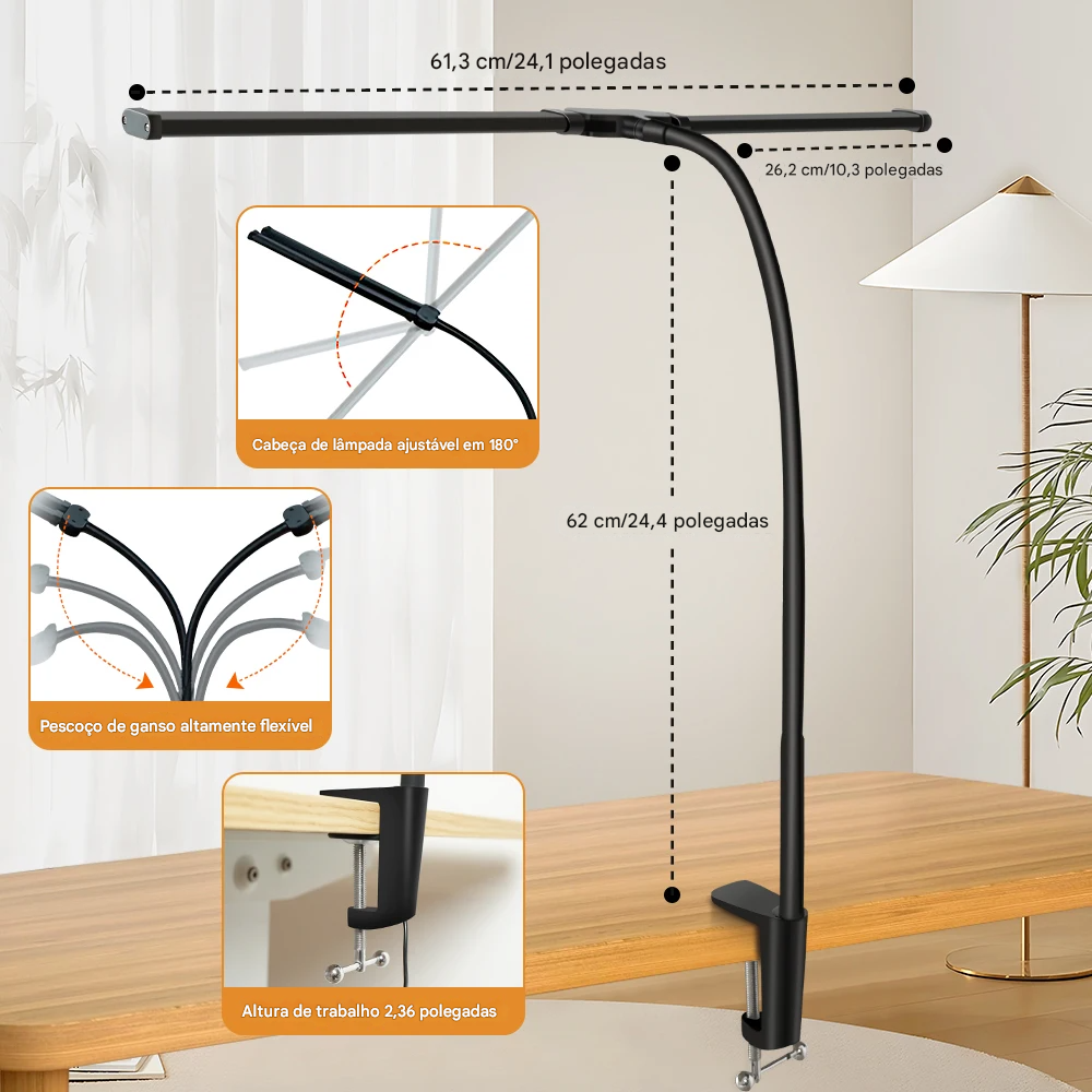 Luminária de Mesa LED com Cabeça Dupla e Clipe com 3 Modos de Cor