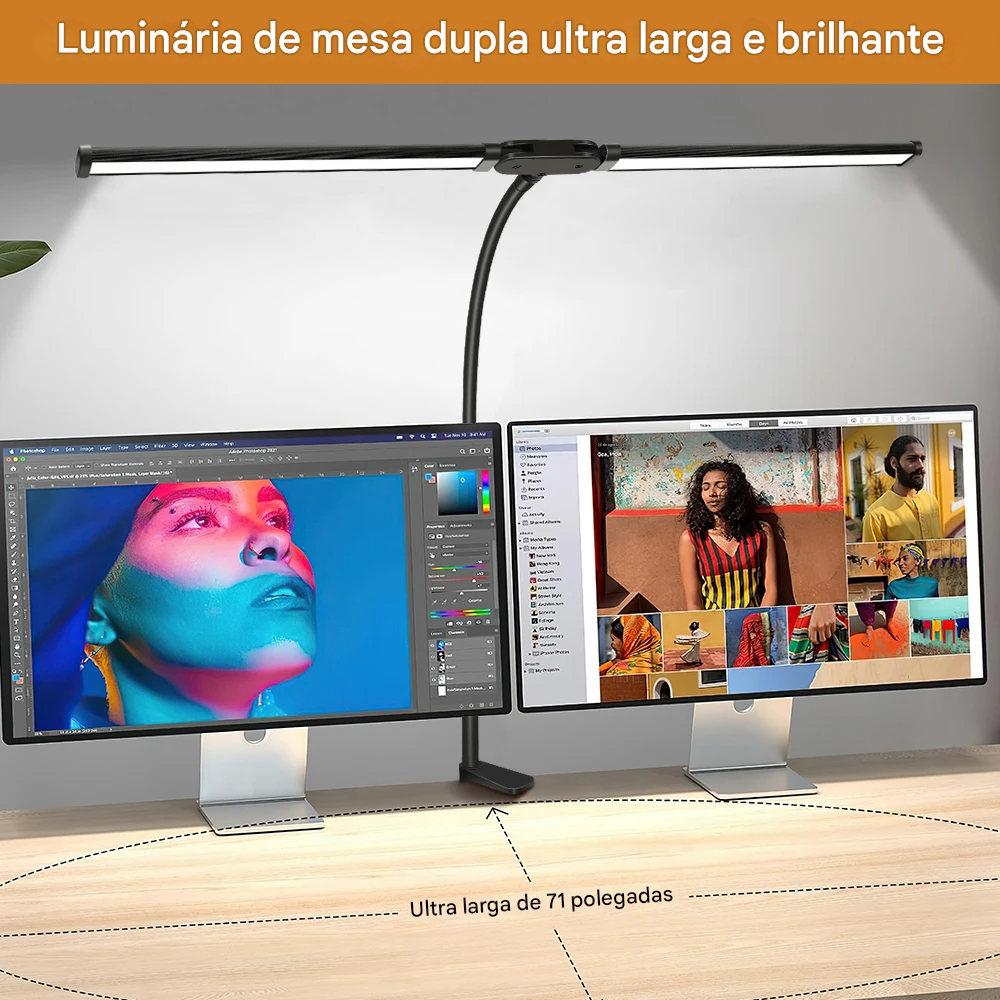 Luminária de Mesa LED com Cabeça Dupla e Clipe com 3 Modos de Cor