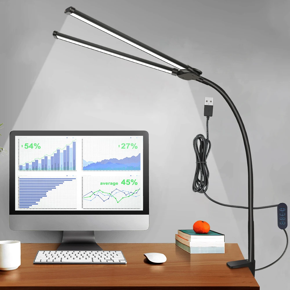 Luminária de Mesa LED com Cabeça Dupla e Clipe com 3 Modos de Cor