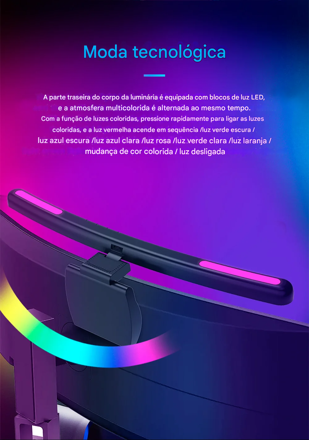 Luz de Tela Suspensa USB com Ajuste de Brilho Contínuo para Monitor