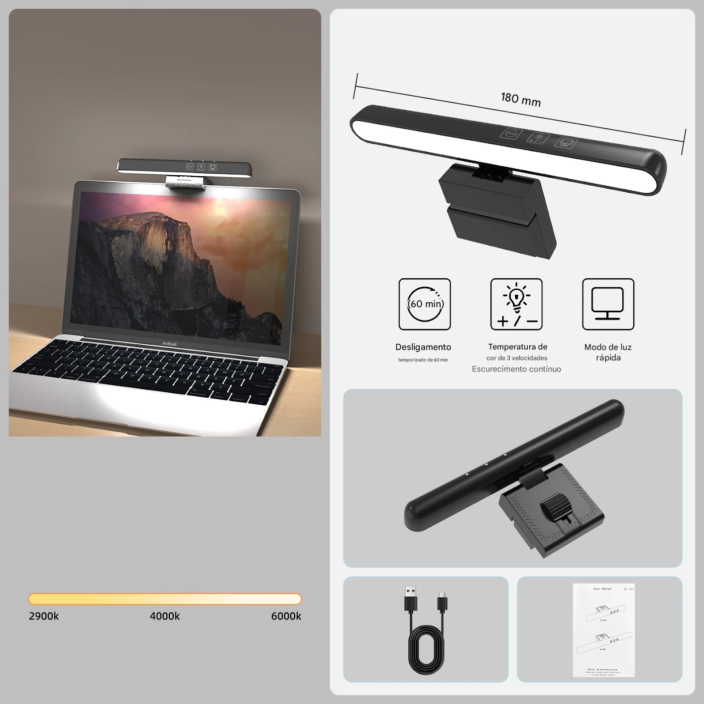 Luz de Tela Suspensa USB com Ajuste de Brilho Contínuo para Monitor