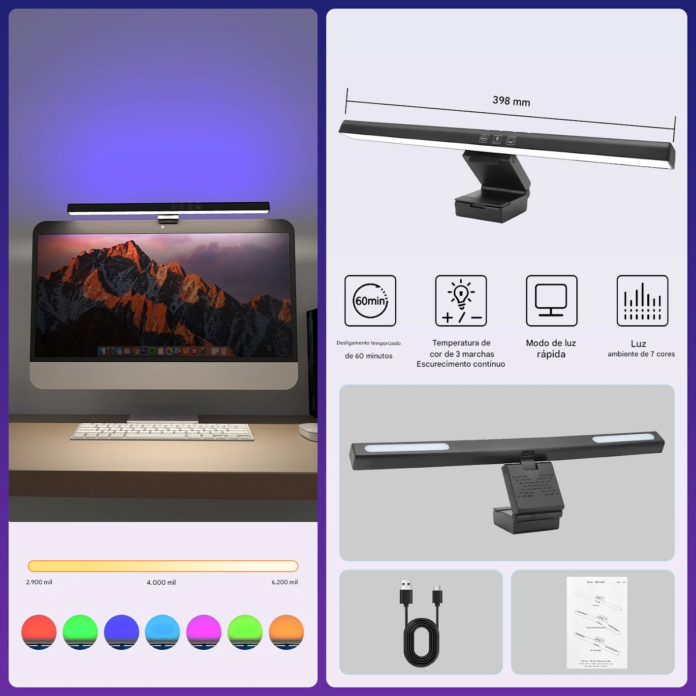 Luz de Tela Suspensa USB com Ajuste de Brilho Contínuo para Monitor
