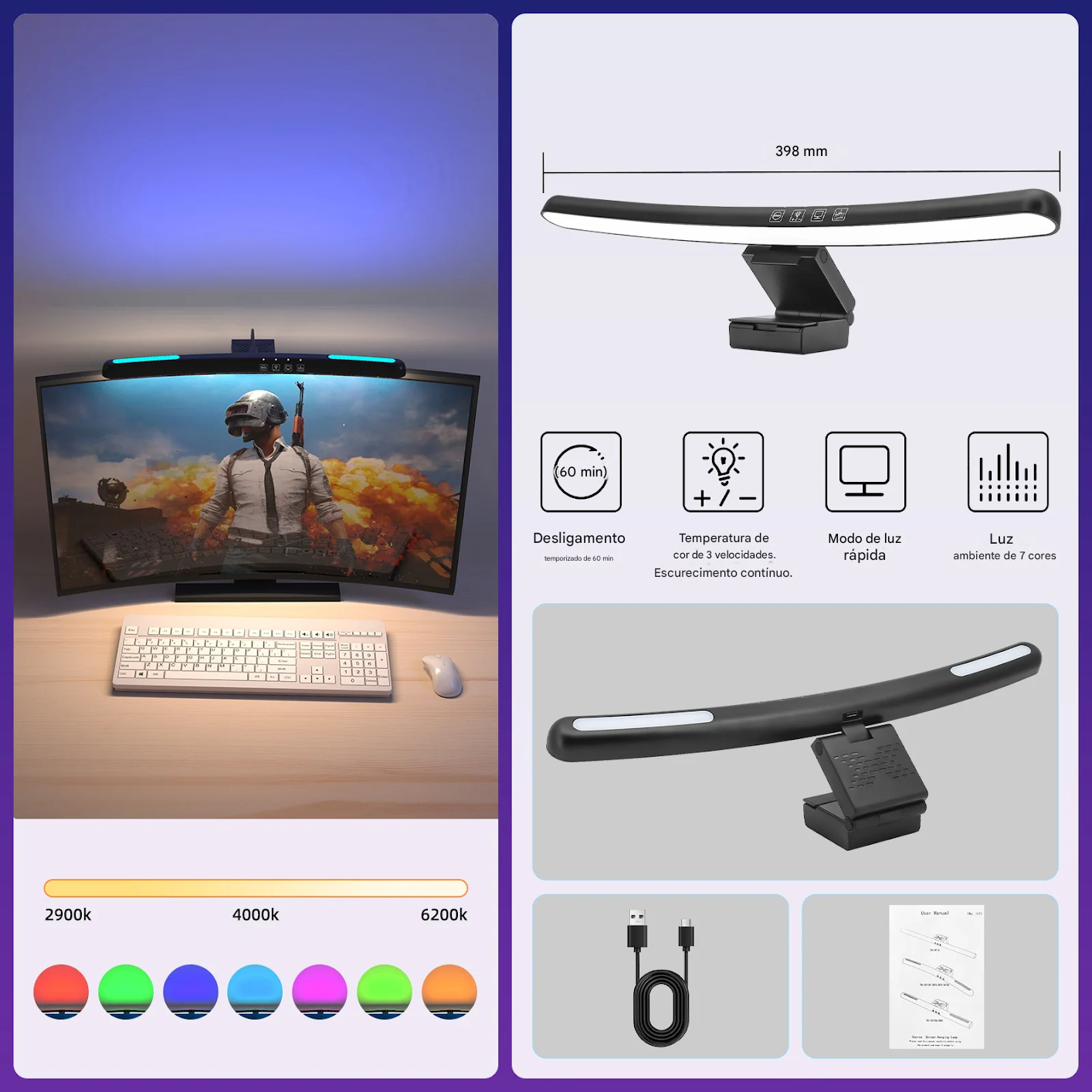 Luz de Tela Suspensa USB com Ajuste de Brilho Contínuo para Monitor