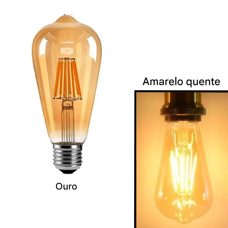 Kit 6 Lâmpadas LED Vintage ST64 Filamento Dourado 2W a 8W E27 B22 Regulávei