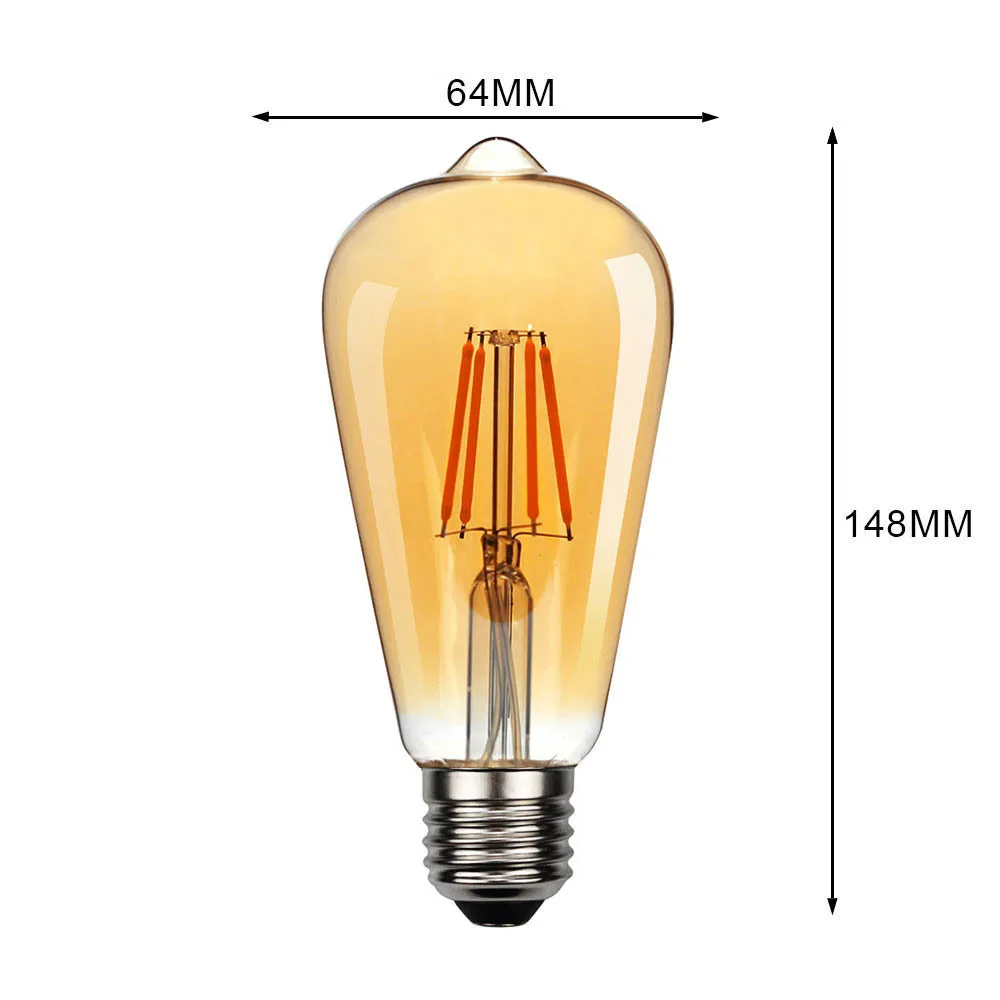 Kit 6 Lâmpadas LED Vintage ST64 Filamento Dourado 2W a 8W E27 B22 Regulávei