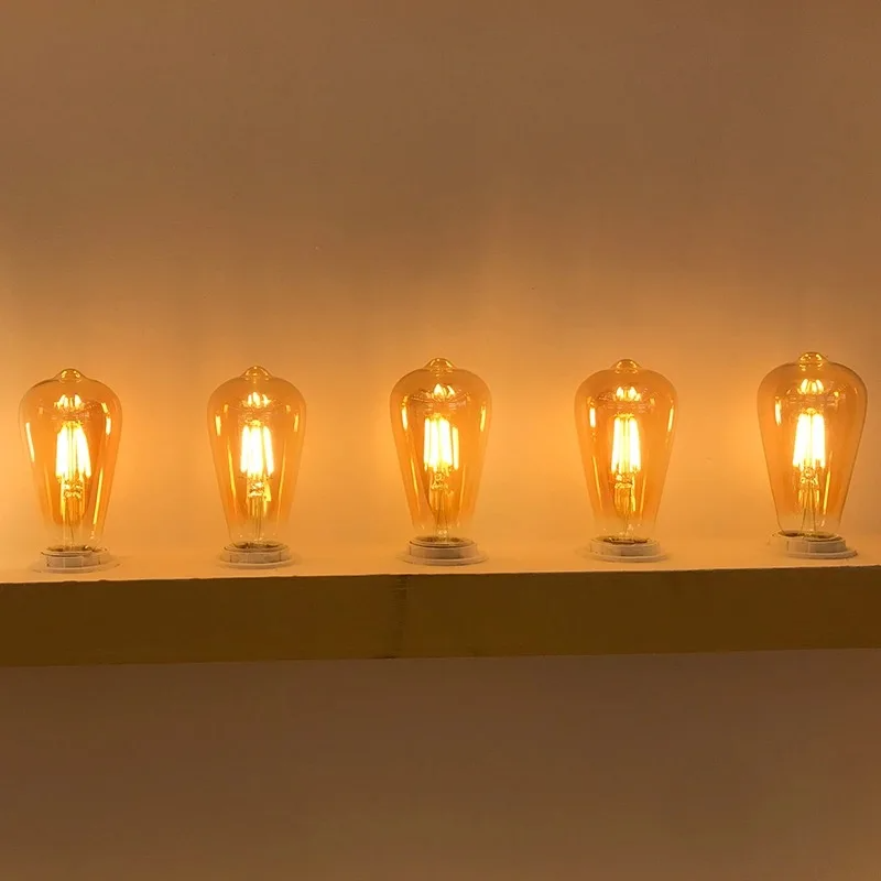 Kit 6 Lâmpadas LED Vintage ST64 Filamento Dourado 2W a 8W E27 B22 Regulávei