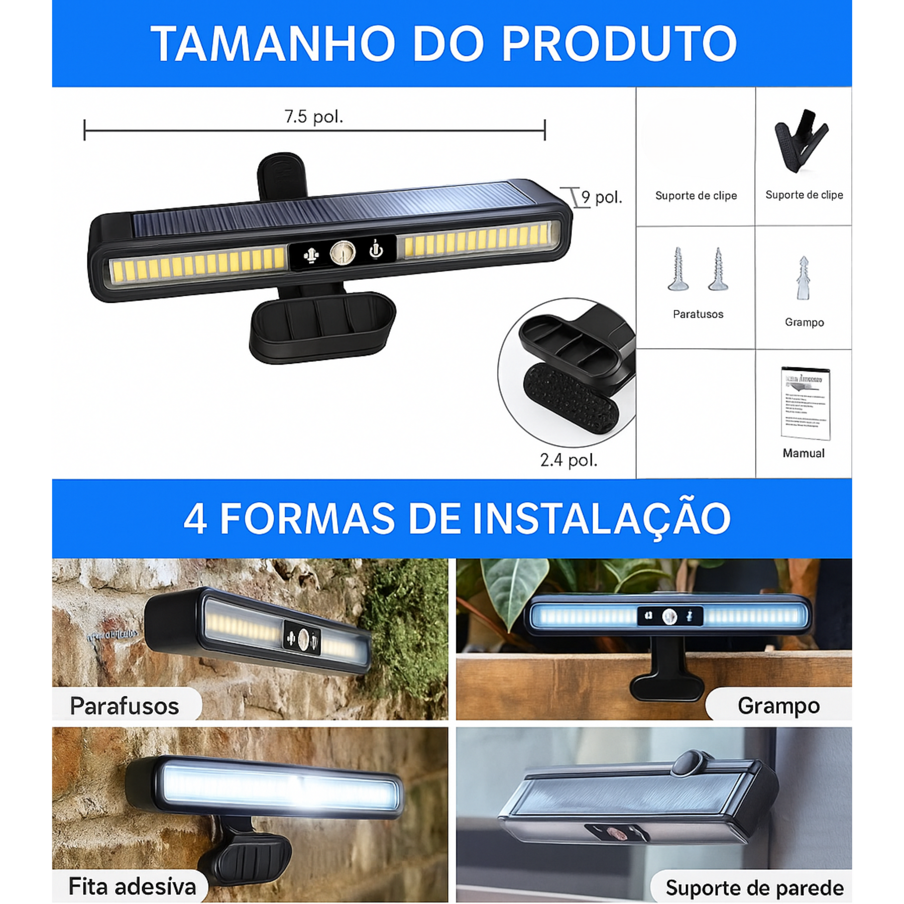 Luz Solar 36 LEDs com Clipe e Sensor de Movimento à Prova d’Água