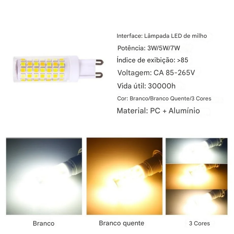 Lâmpada LED G9 Super Brilhante 3W 5W 7W Cerâmica AC220V Luz Quente ou Fria