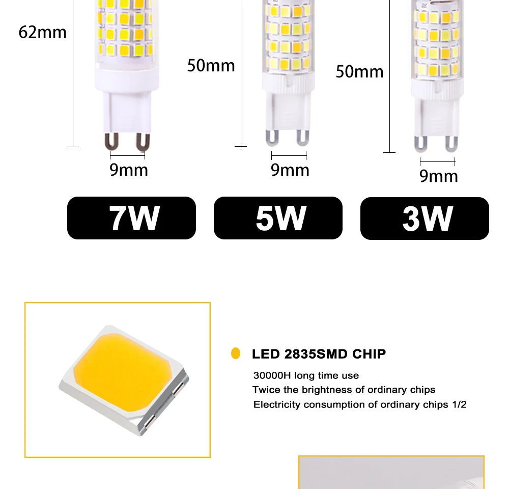 Lâmpada LED G9 Super Brilhante 3W 5W 7W Cerâmica AC220V Luz Quente ou Fria