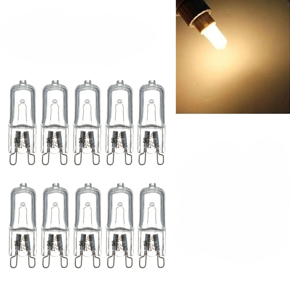 Kit 10 Lâmpadas Halógenas G9 25W a 60W Luz Quente 3000K 230V