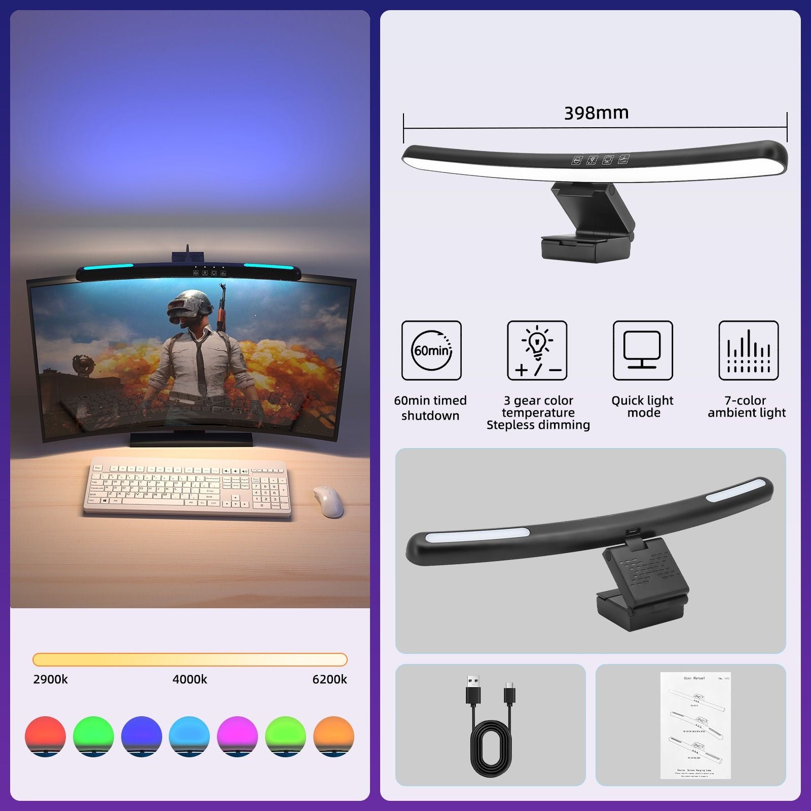 Luz de Tela Suspensa USB com Ajuste de Brilho Contínuo para Monitor