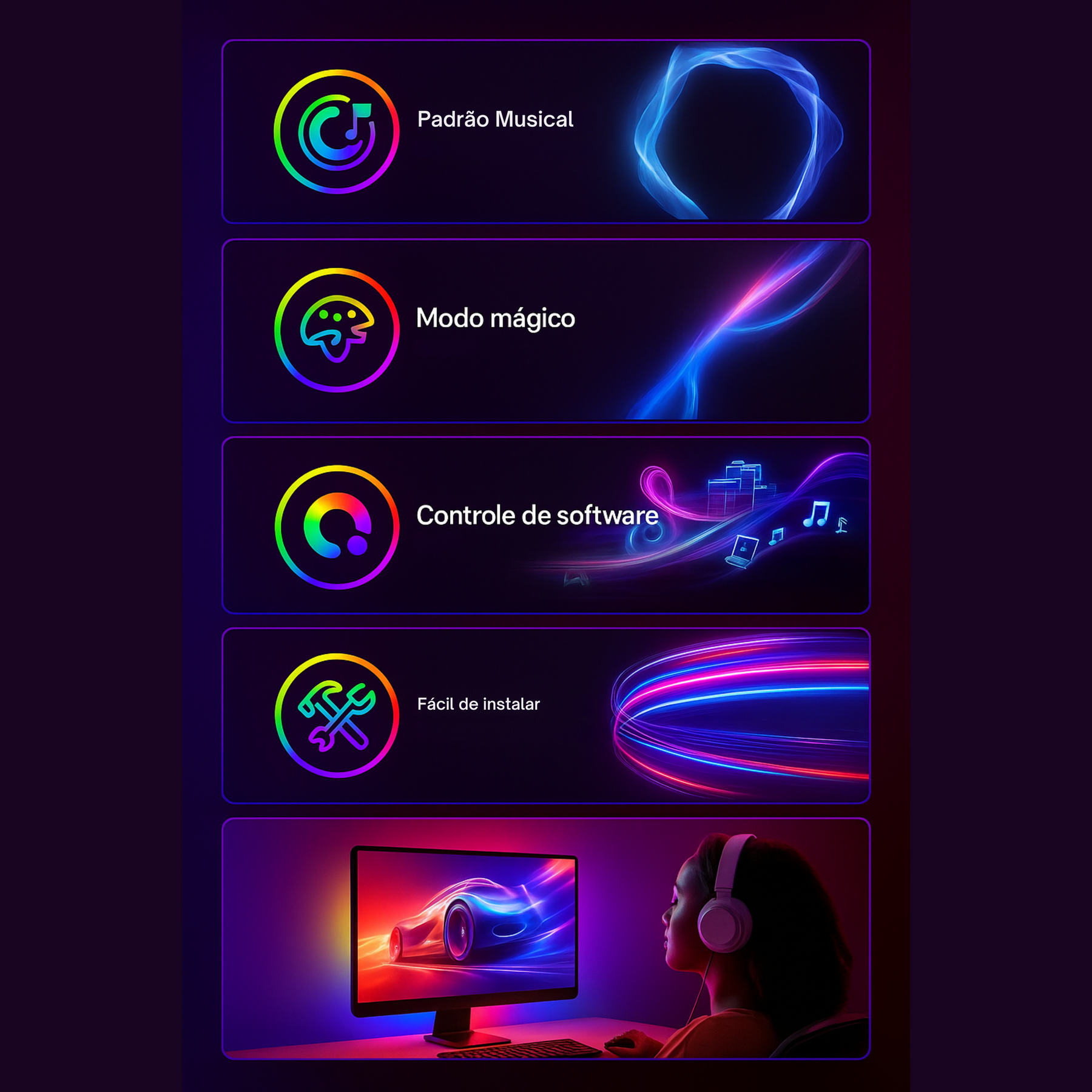 Faixa de Luz LED RGB para Monitor com Sincronização de Cores e Atmosfera Imersiva