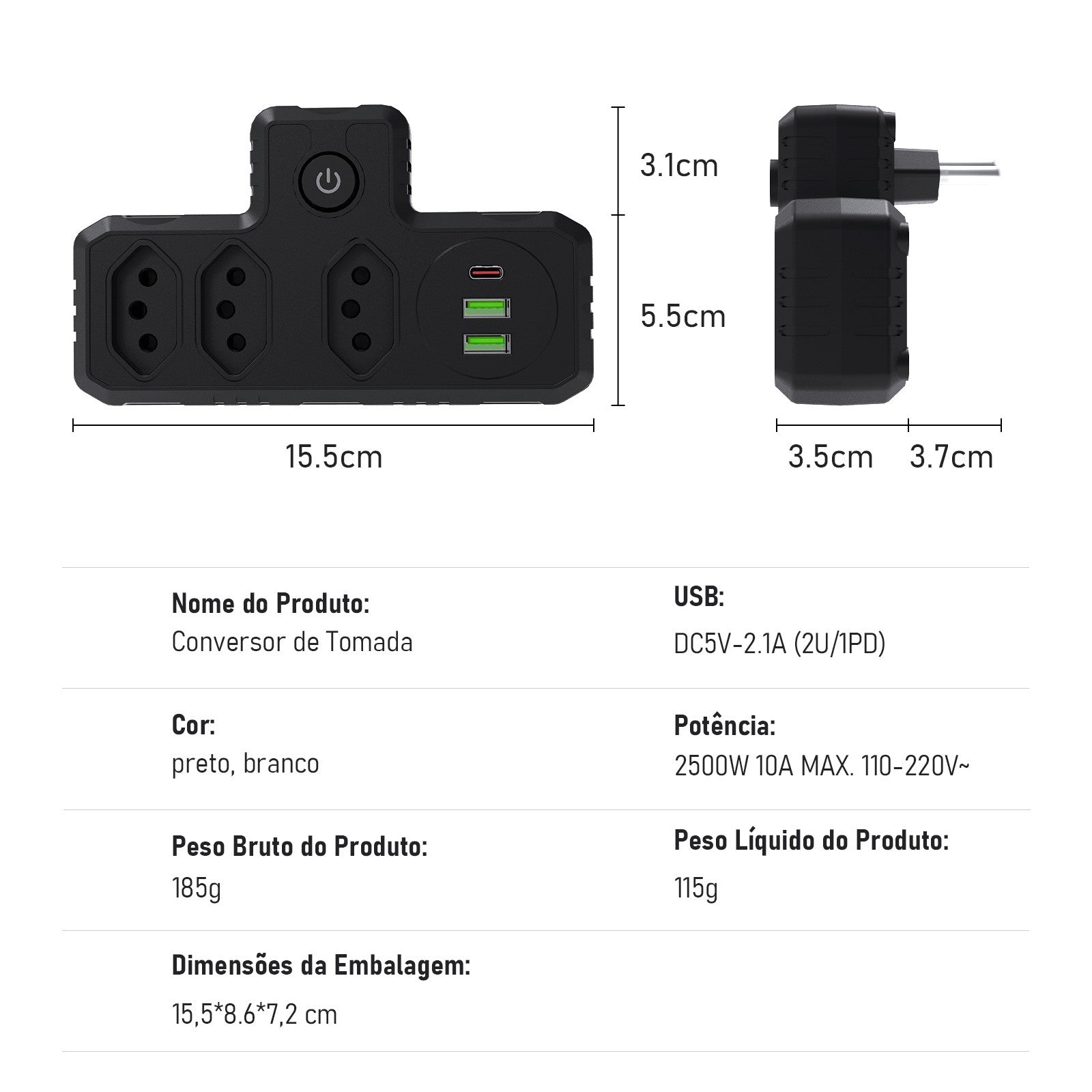 Régua de Tomadas com Extensão e Portas USB - 2M 110-220V Padrão Brasil