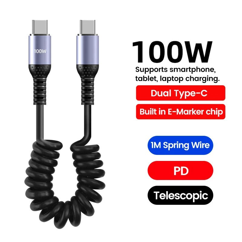 Cabo USB-C 66W Tipo Mola com Carregamento Rápido Tipo-C