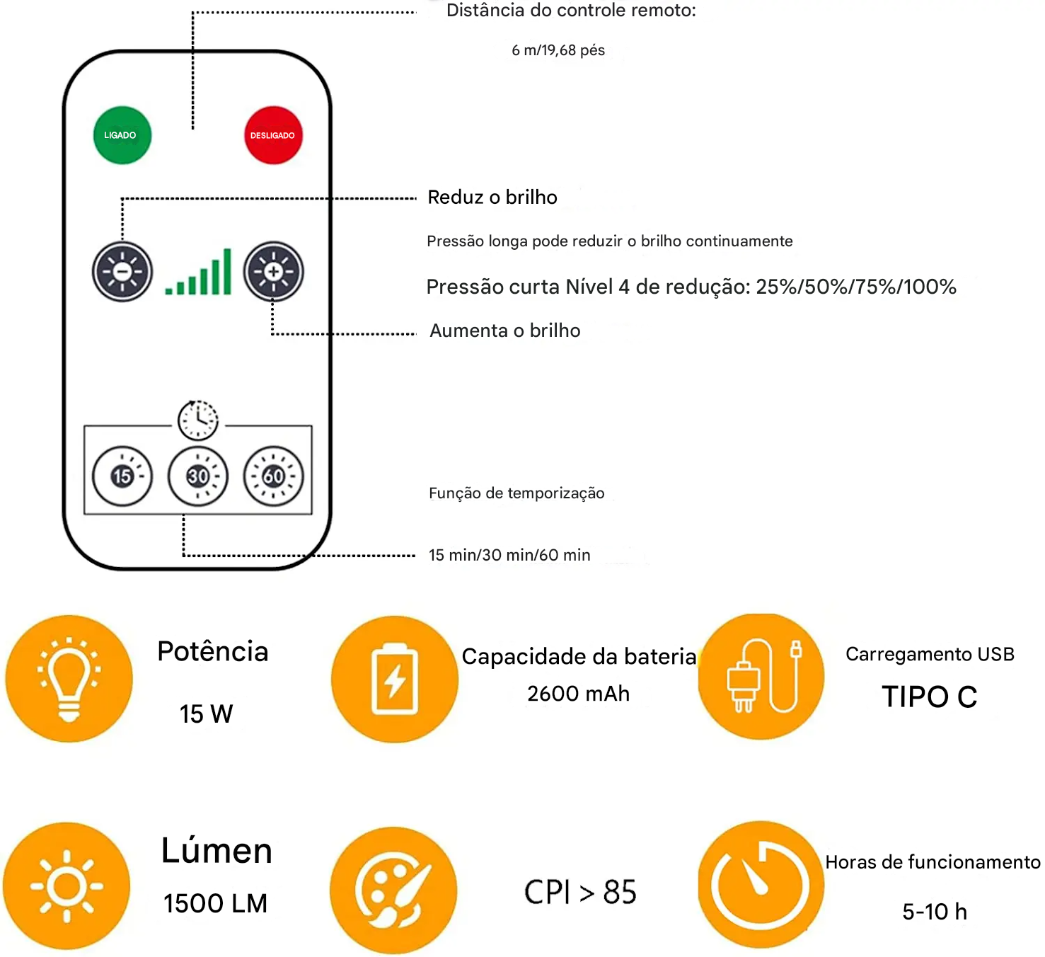Lâmpada LED USB Recarregável E27 com Controle de Toque e Timer Regulável