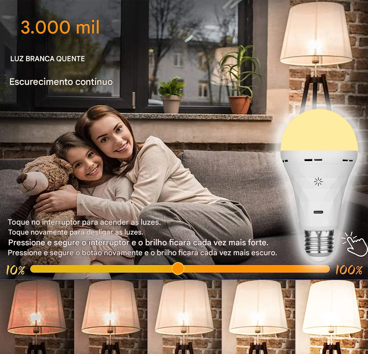 Lâmpada LED USB Recarregável E27 com Controle de Toque e Timer Regulável