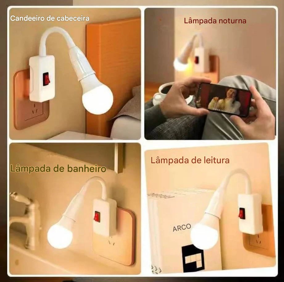 Extensor Flexível de Soquete E27 com Base Giratória para Lâmpadas LED