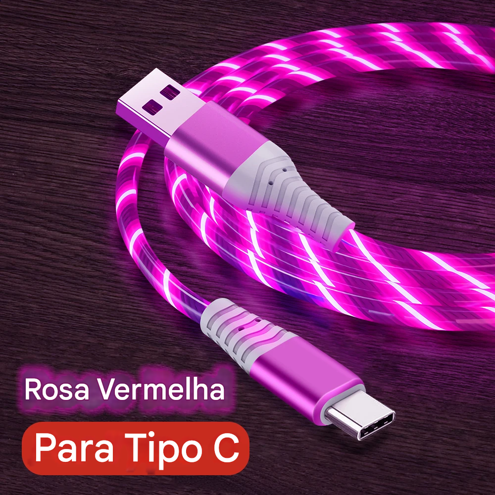 Cabo USB Tipo C com LED Fluorescente, ideal para carregamento rápido e eficiente.