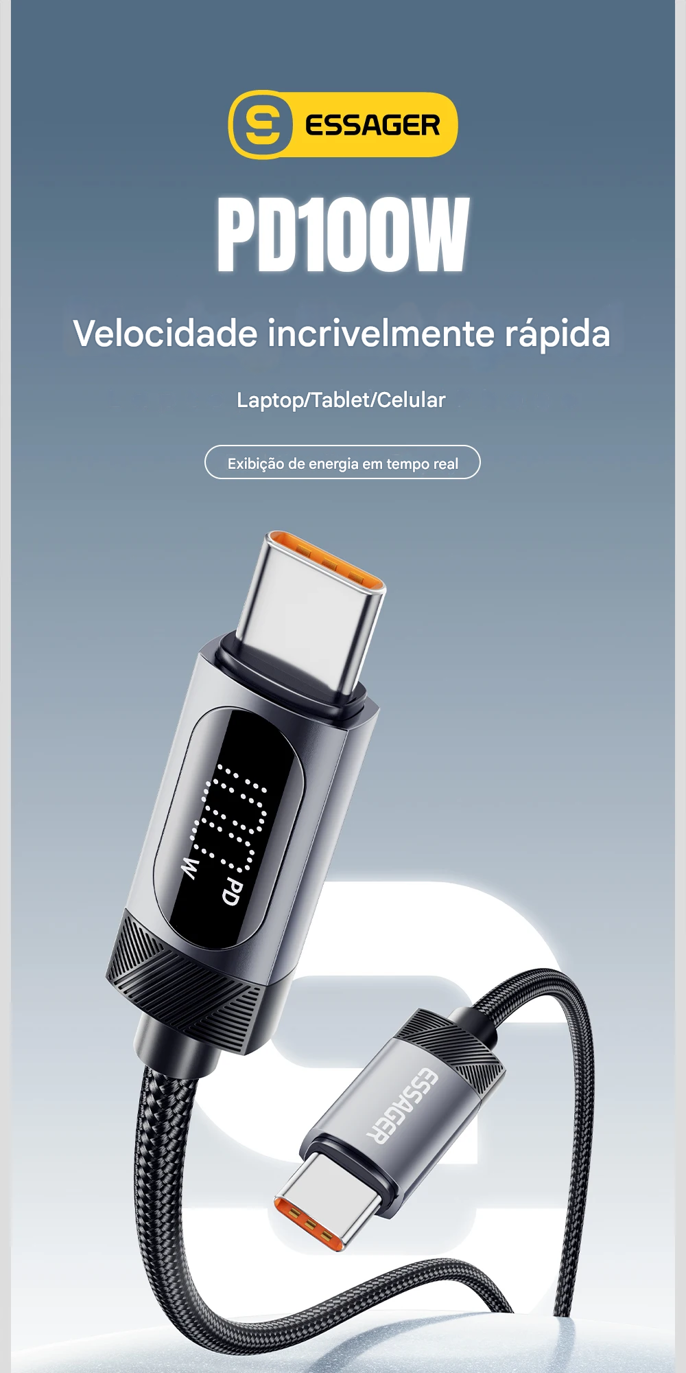 Cabo USB-C com Display 100W com Carregamento Rápido