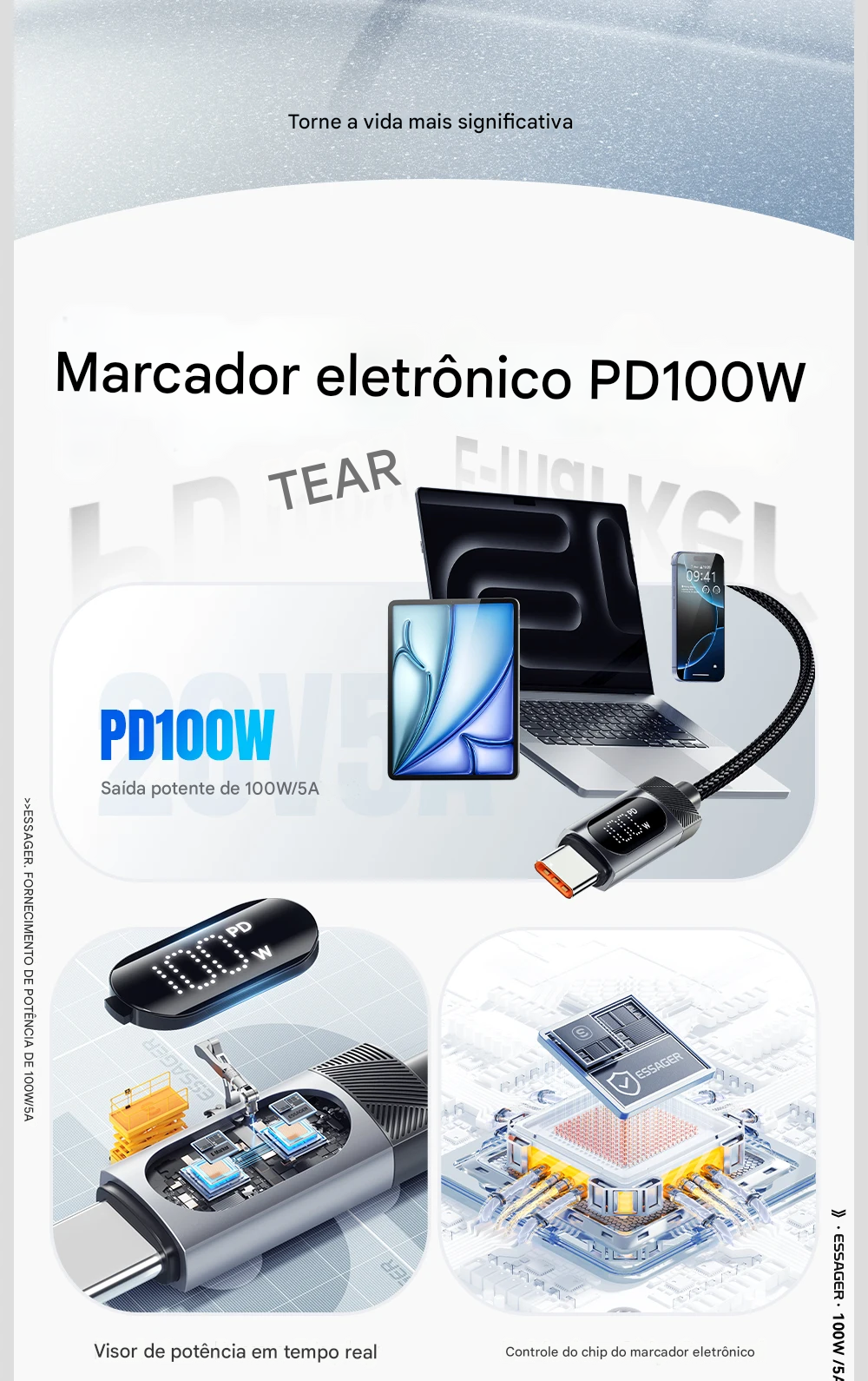 Cabo USB-C com Display 100W com Carregamento Rápido