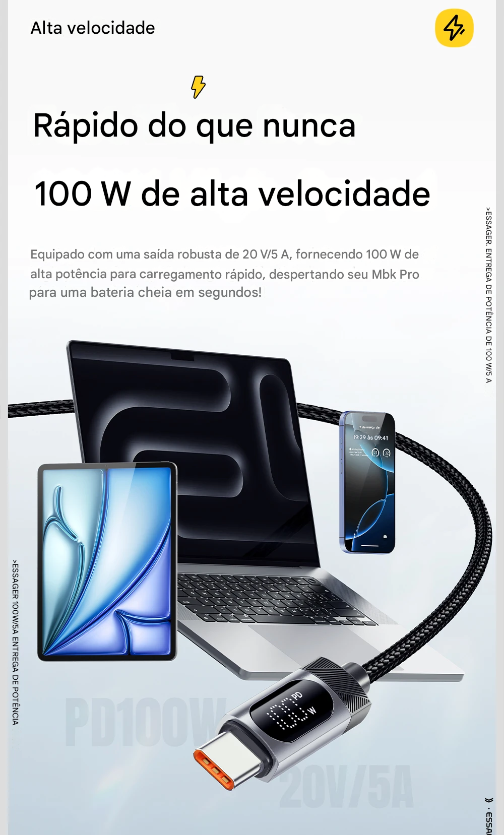 Cabo USB-C com Display 100W com Carregamento Rápido