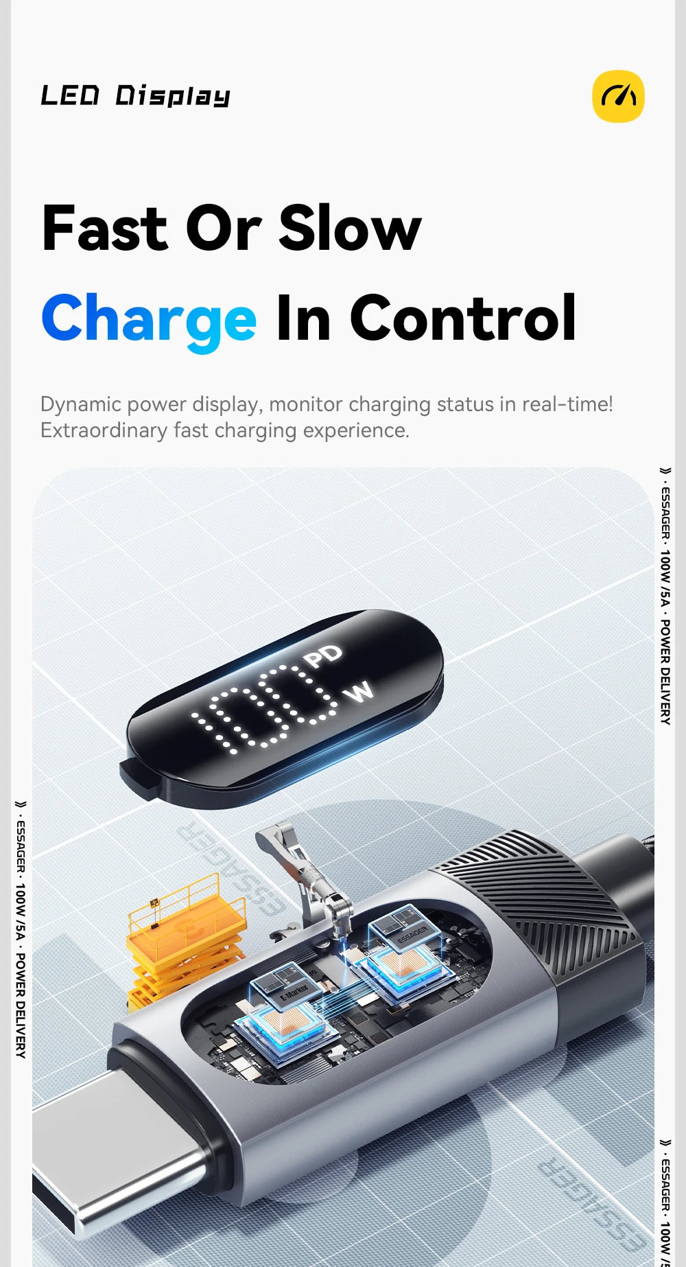 Cabo USB-C com Display 100W com Carregamento Rápido