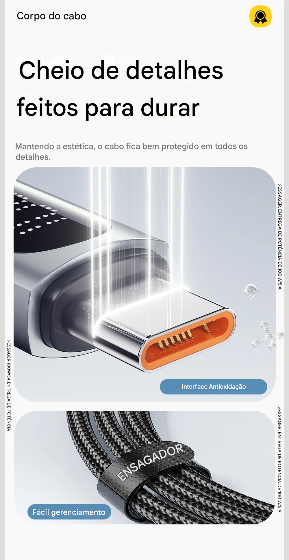 Cabo USB-C com Display 100W com Carregamento Rápido