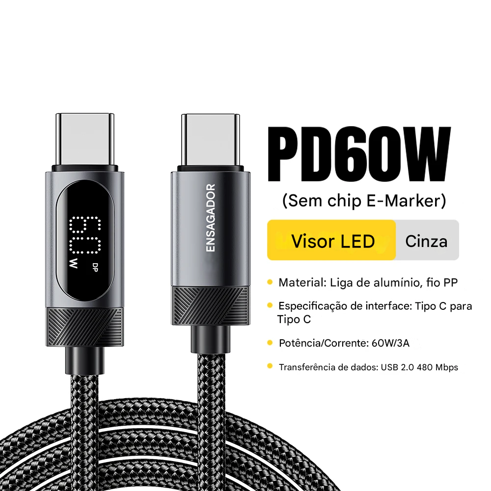 Cabo USB-C com Display 100W com Carregamento Rápido