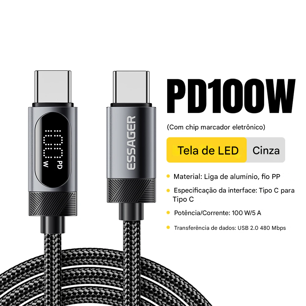 Cabo USB-C com Display 100W com Carregamento Rápido