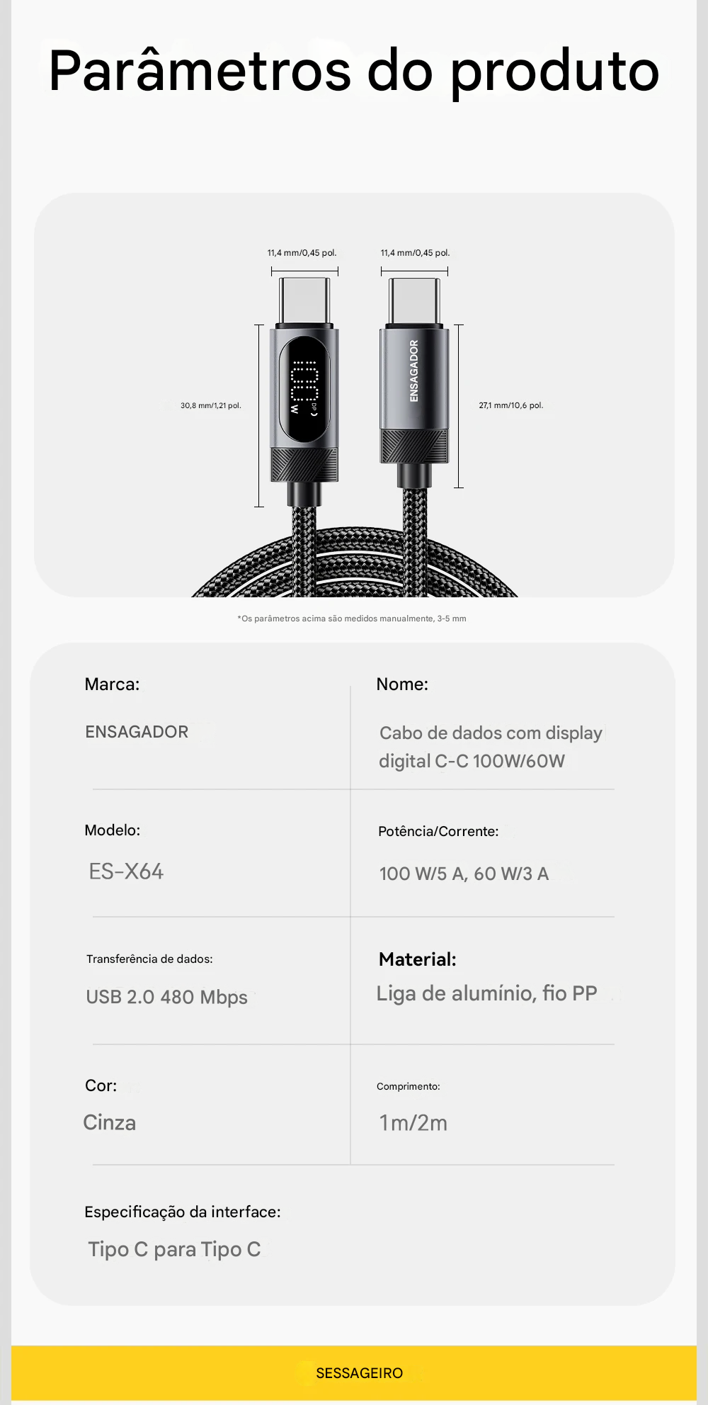 Cabo USB-C com Display 100W com Carregamento Rápido
