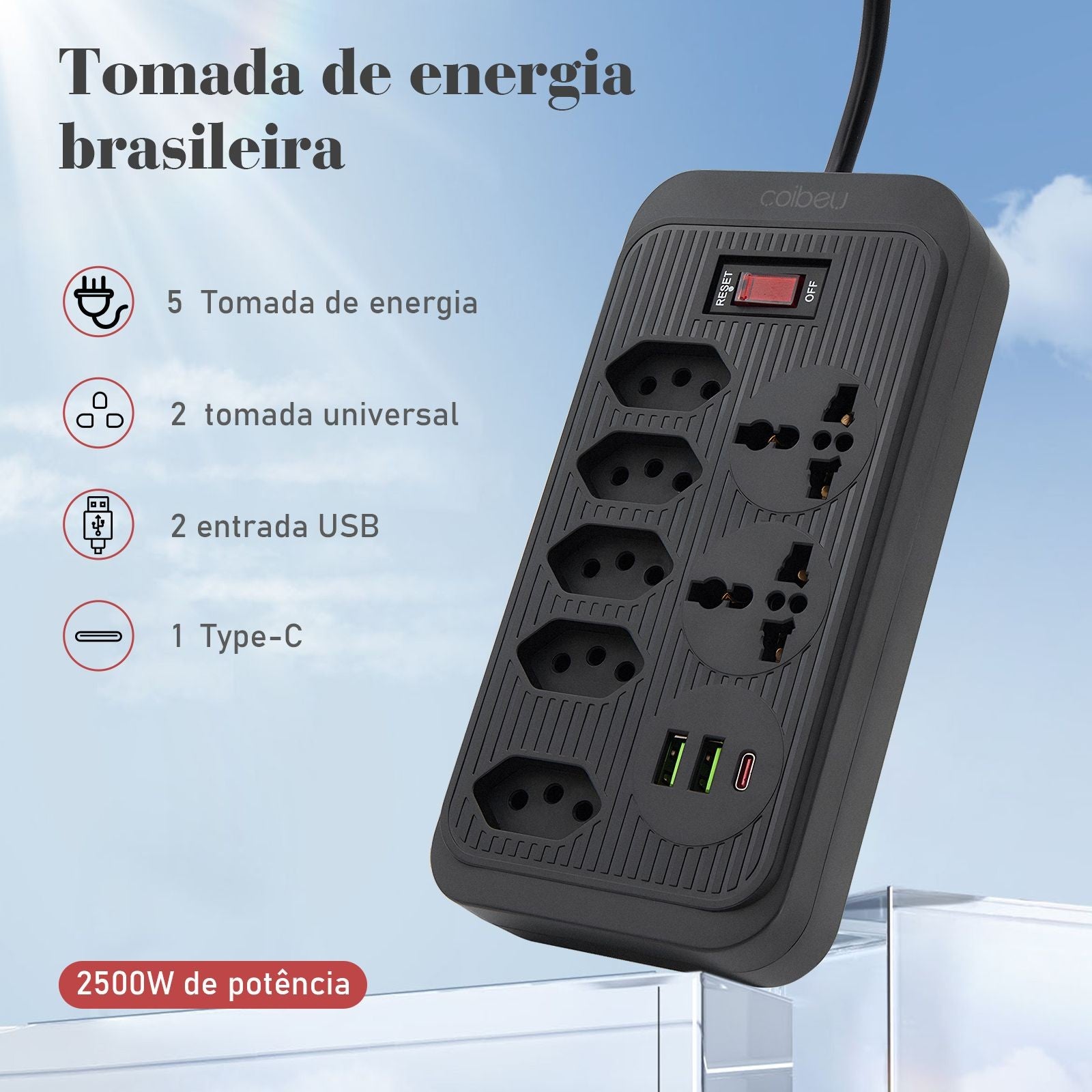 Régua de Tomadas com Extensão e Portas USB - 2M 110-220V Padrão Brasil