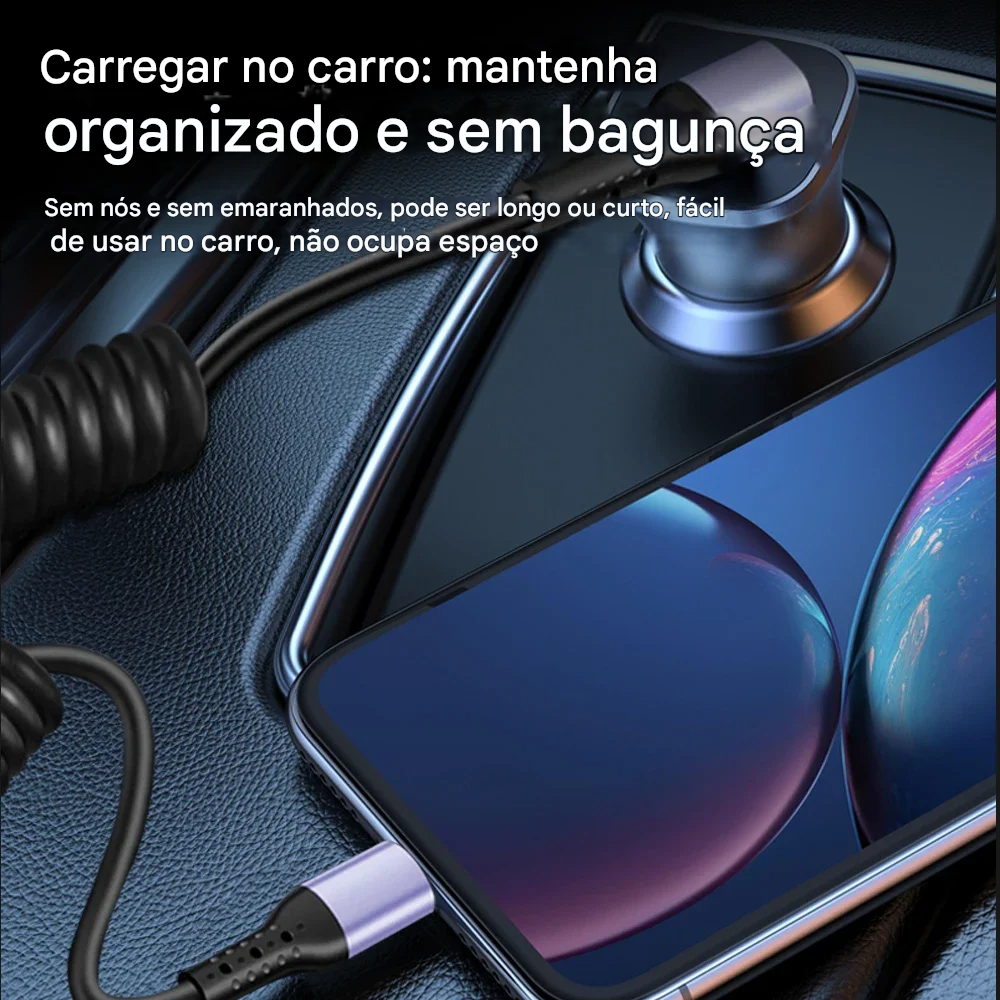 Cabo USB-C 66W Tipo Mola com Carregamento Rápido Tipo-C