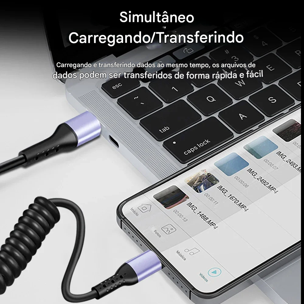 Cabo USB-C 66W Tipo Mola com Carregamento Rápido Tipo-C