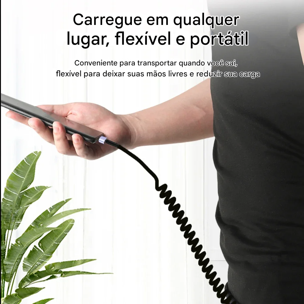 Cabo USB-C 66W Tipo Mola com Carregamento Rápido Tipo-C