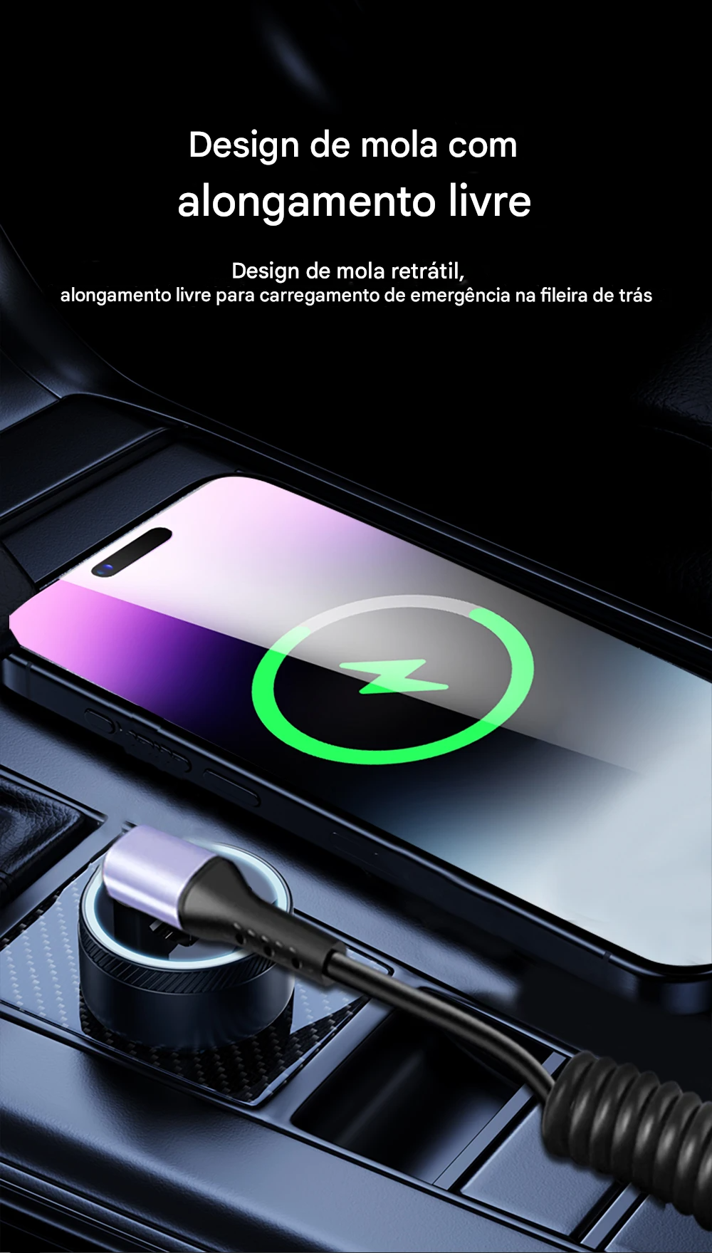 Cabo USB-C 66W Tipo Mola com Carregamento Rápido Tipo-C