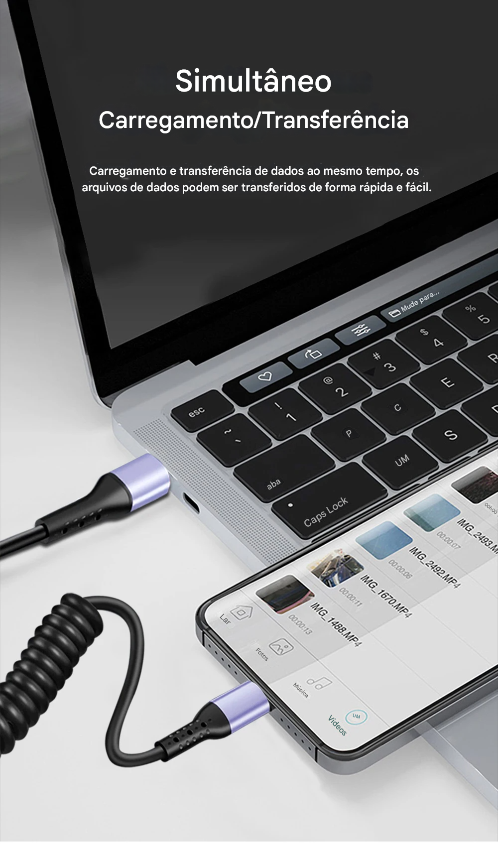 Cabo USB-C 66W Tipo Mola com Carregamento Rápido Tipo-C