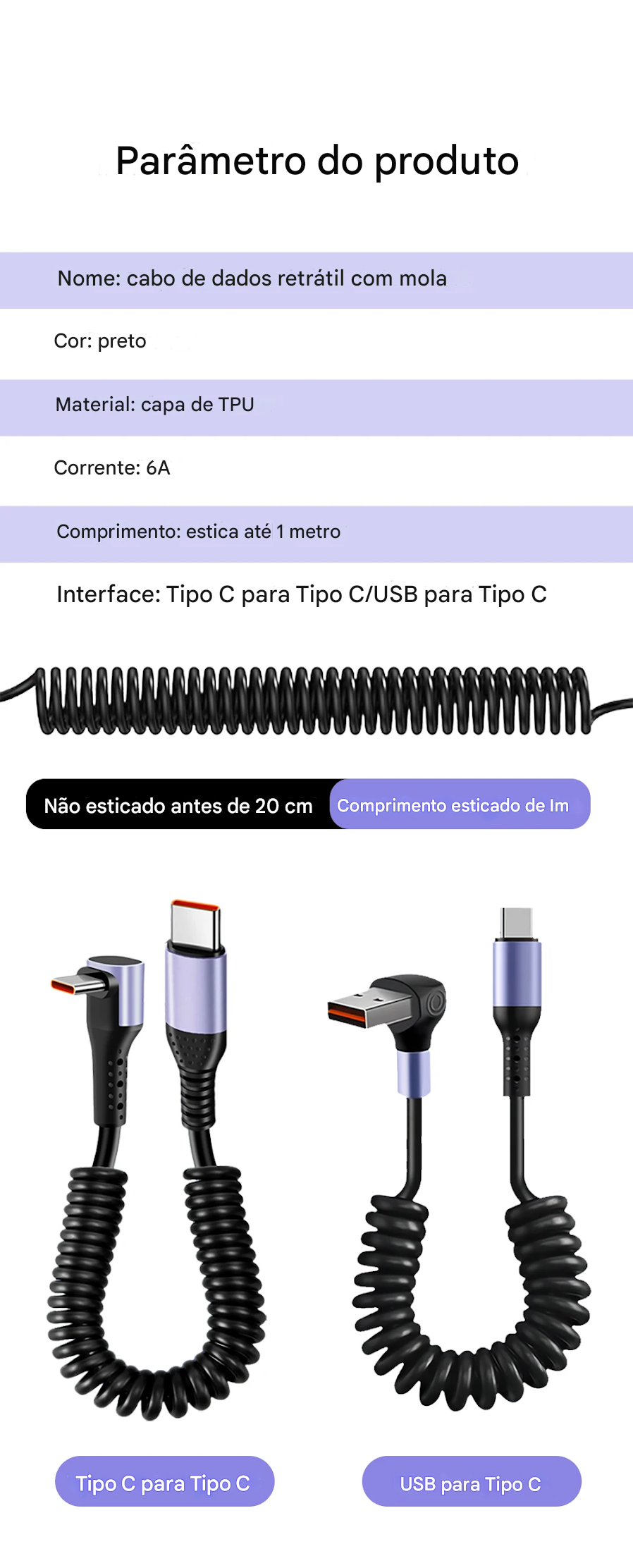 Cabo USB-C 66W Tipo Mola com Carregamento Rápido Tipo-C