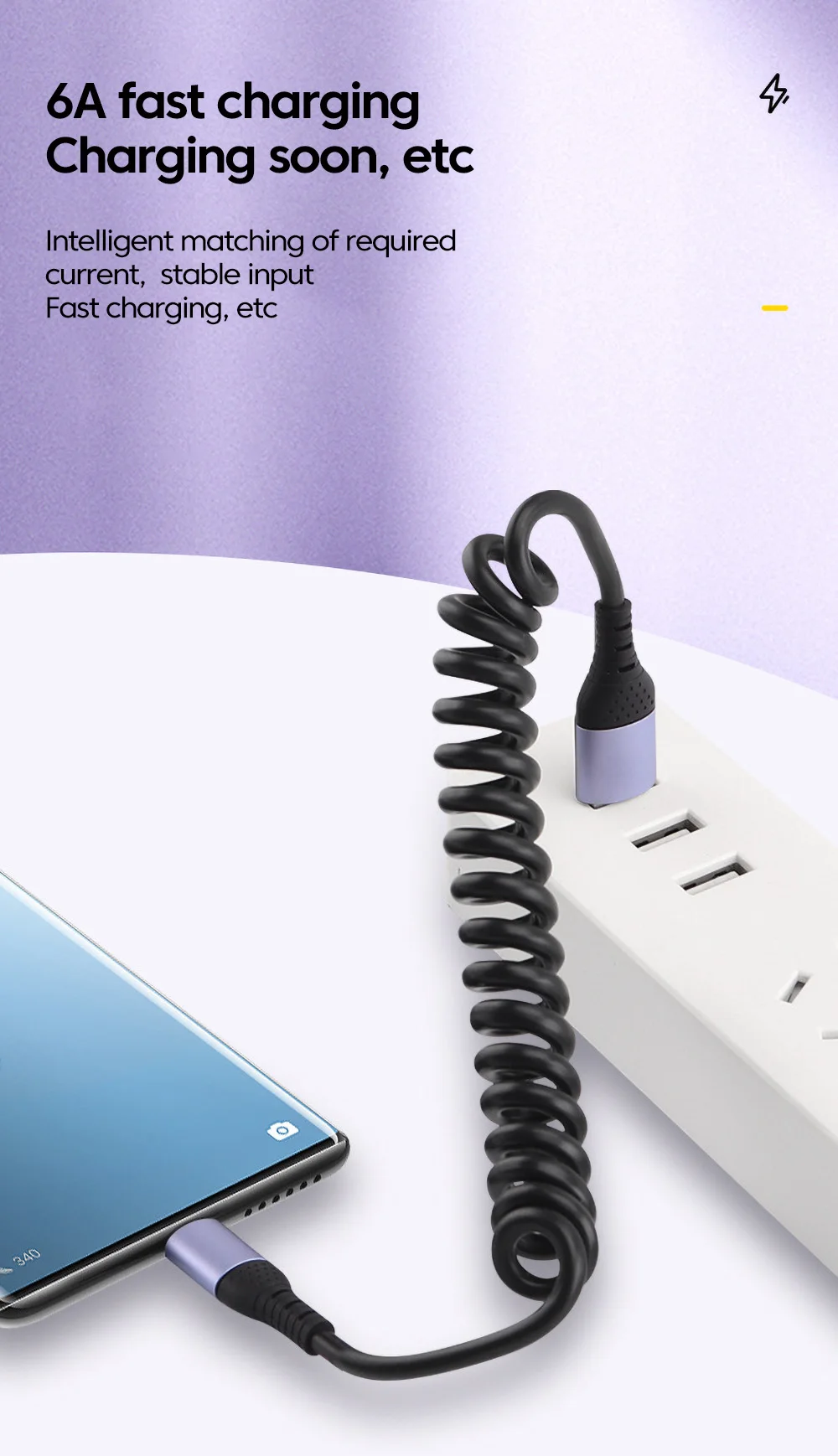 Cabo USB-C 66W Tipo Mola com Carregamento Rápido Tipo-C