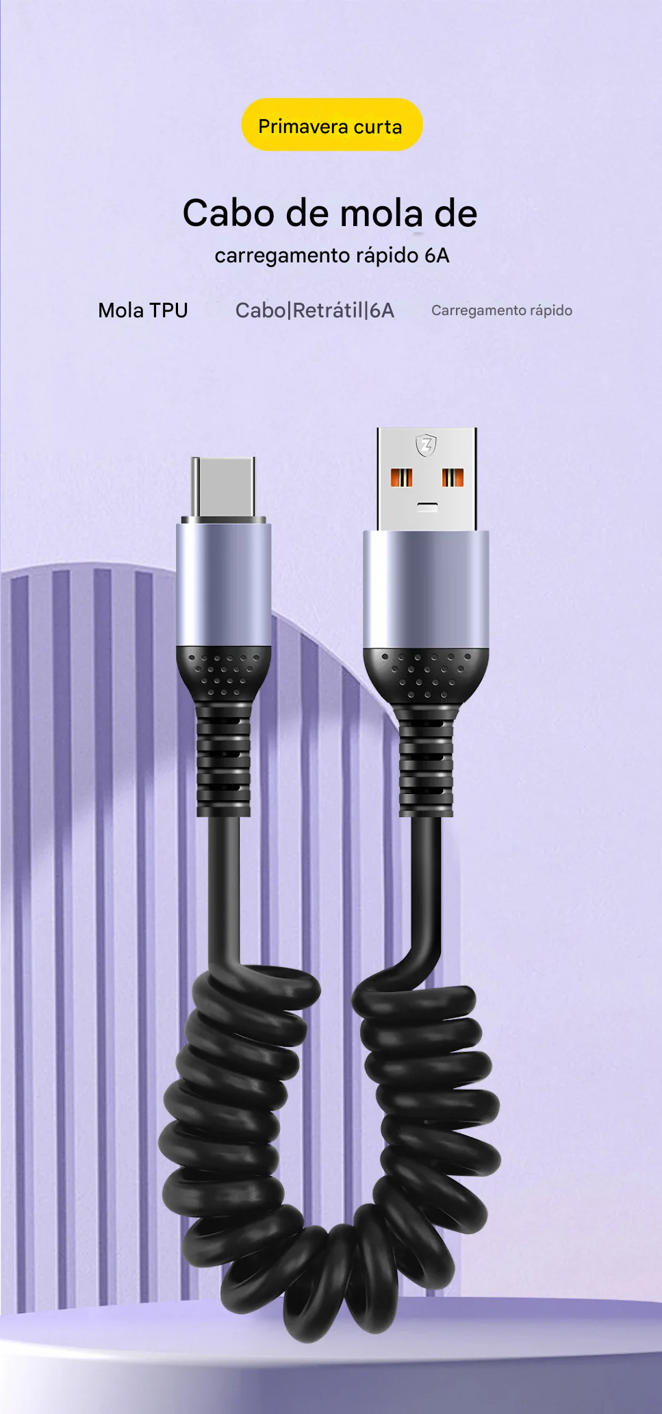 Cabo USB-C 66W Tipo Mola com Carregamento Rápido Tipo-C