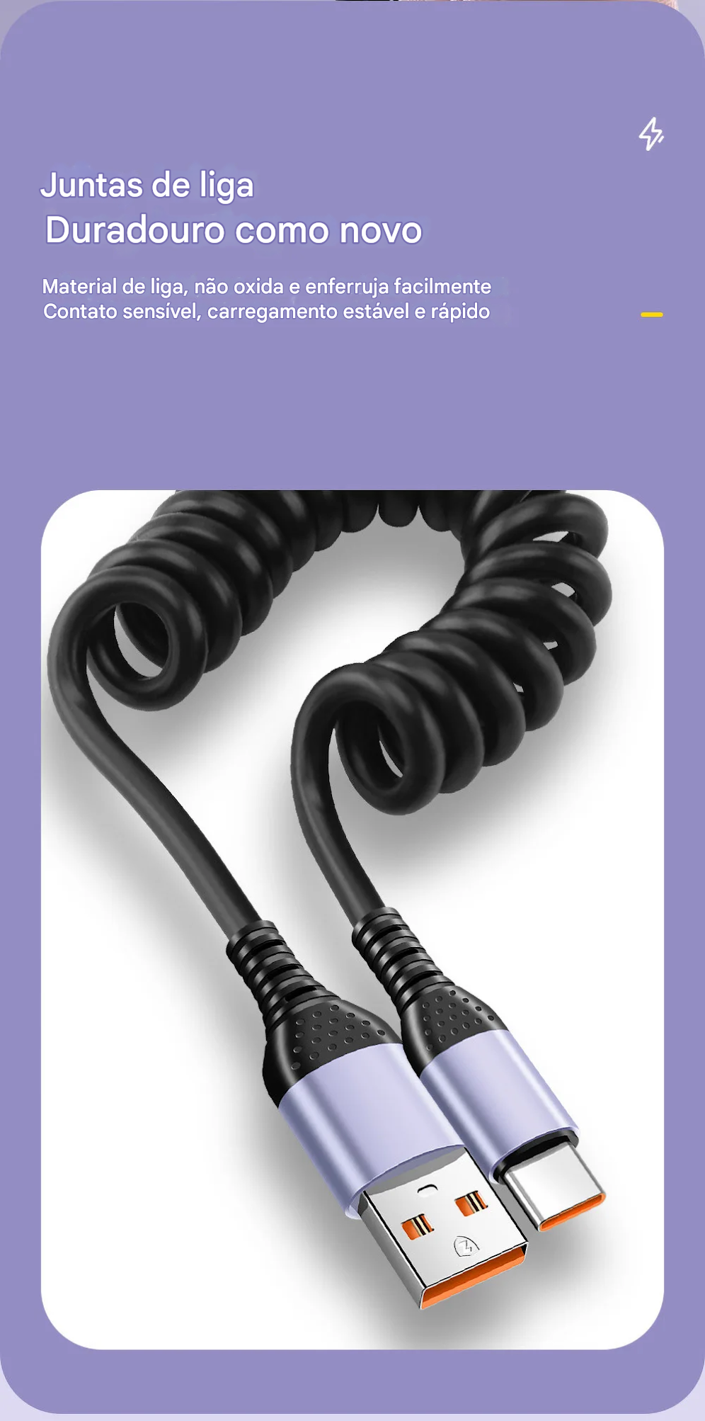Cabo USB-C 66W Tipo Mola com Carregamento Rápido Tipo-C