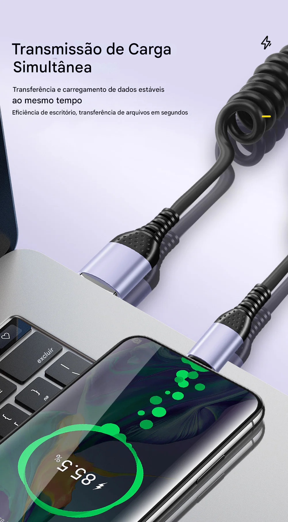 Cabo USB-C 66W Tipo Mola com Carregamento Rápido Tipo-C