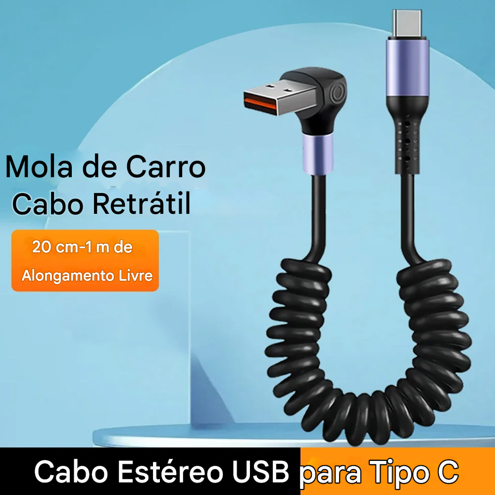 Cabo USB-C 66W Tipo Mola com Carregamento Rápido Tipo-C